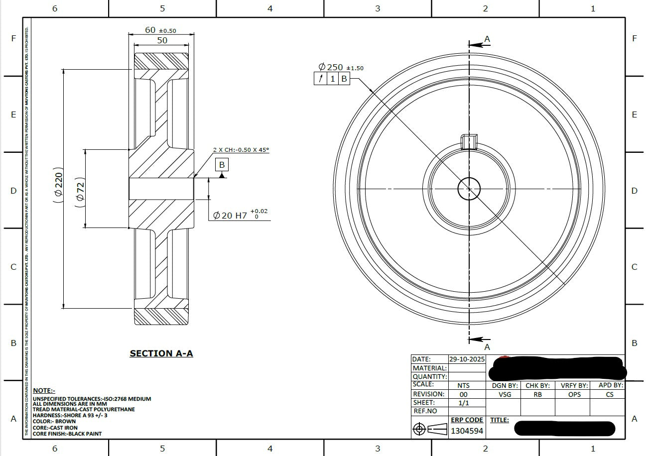 1200kg 10"x2" 250mm Urethane on Cast Iron Wheel - Drive Wheel