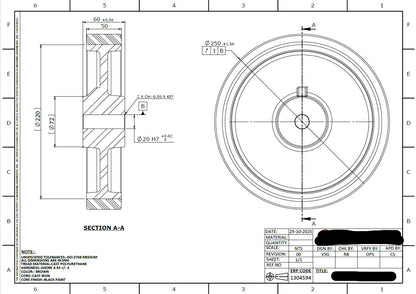 1200kg 10"x2" 250mm Urethane on Cast Iron Wheel - Drive Wheel
