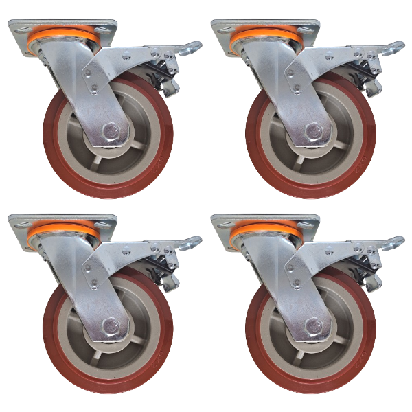 1800kg Rated, 6"/150mm Heavy Duty Swivel Braked Castors with PU wheel (Set of 4pcs)