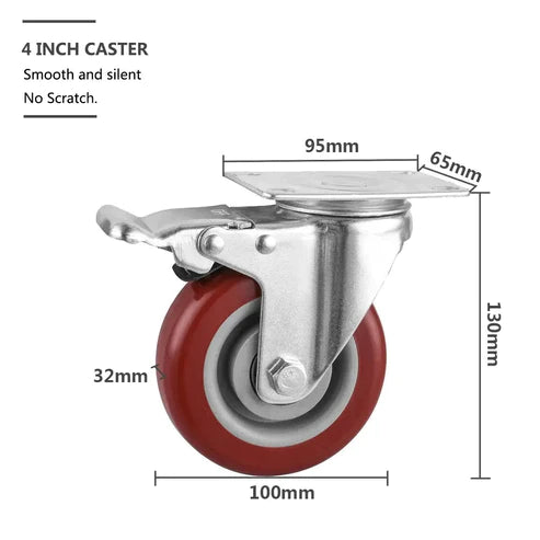 400kg Rated, 4" 100mm Swivel Brake Castors with PU tyre (Set of 4pcs)