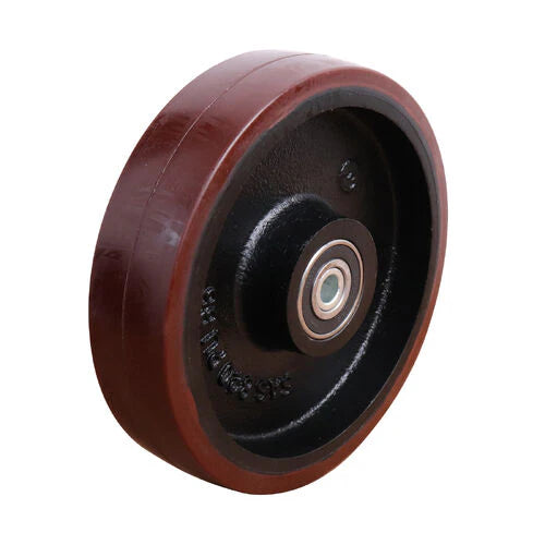 Single industrial wheel with brown tire and black hub on a white background